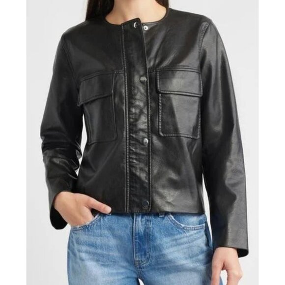Zara Jackets & Blazers - Zara Women's Black Long Sleeve Round Neck Streetwear Faux Leather Jacket Size XS